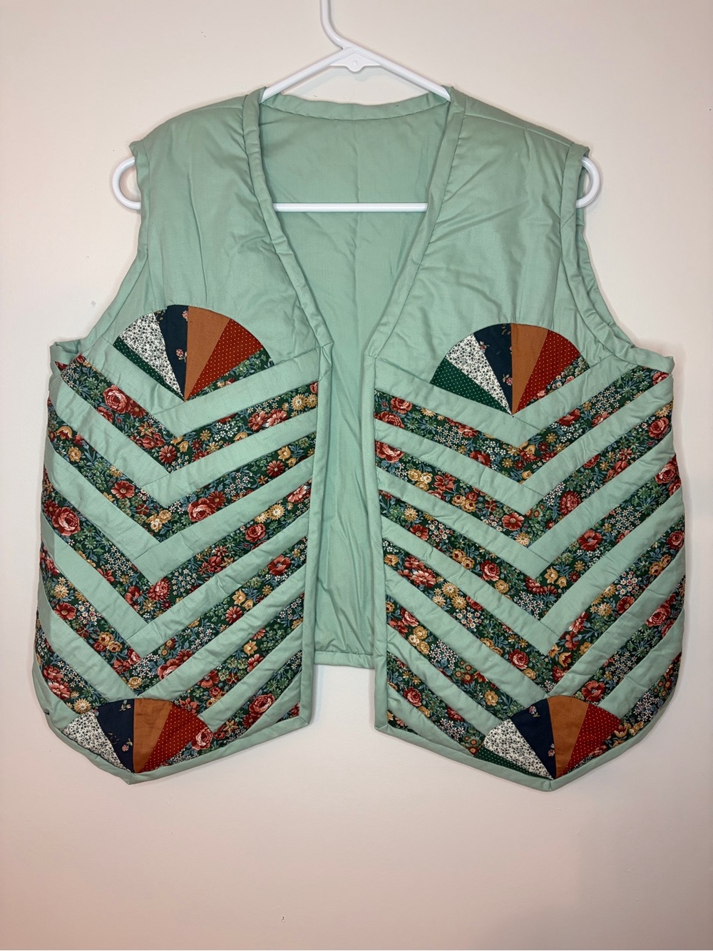 Handmade Patchwork Quilted Vest Mint Floral Cottagecore Folk Art